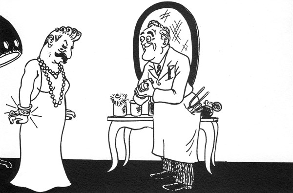 Caricature de Mac in "Combats" n° 5. Roosevelt à Staline : "Je veux bien vous présenter dans le monde, mais à la condition que vous ne montriez pas vos dessous!"