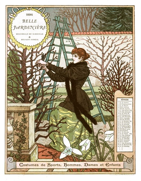 Calendrier de la "Belle jardinière" / Mois de février. Femme émondant un arbre