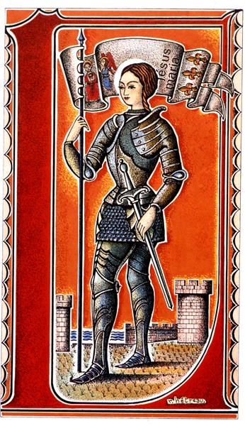 Boite de pâte de fruits illustrée par R. Hétreau, représentant Jeanne d'Arc