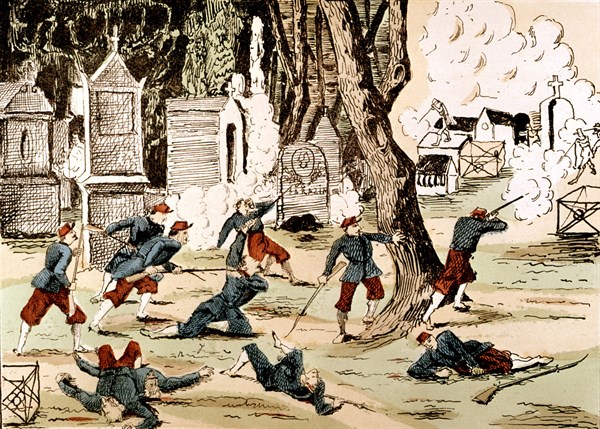 Prise de Paris. Combat dans le cimetière du Père Lachaise. Lithographie.