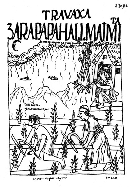 Guaman Poma de Ayala: "Nueva Cororica y buen gobierne". Peruvian Codex. The Incas growing corn in Peru.