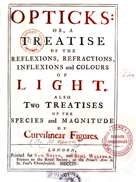Isaac Newton, "Optique". Page de titre de l'édition originale publiée à Londres