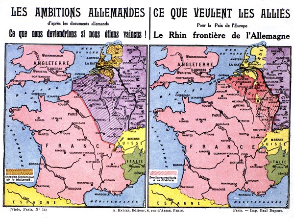 World War I. Postcard printed by the Ligue des patriotes: maps showing German ambitions (1915)