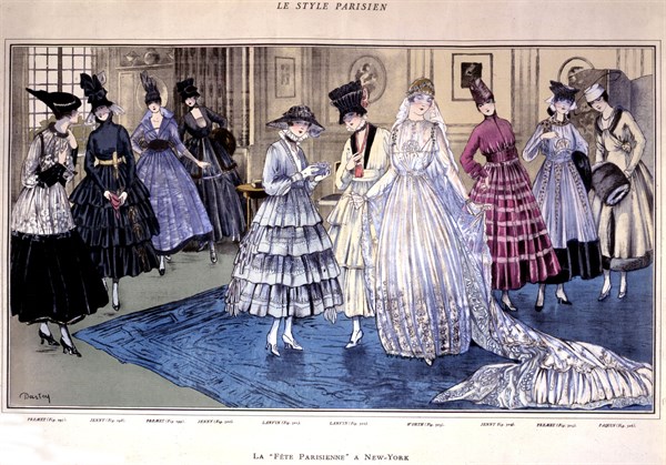Dessin de Darley. La fête parisienne à New York. Robe de mariée de Worth et toilettes d'accompagnement