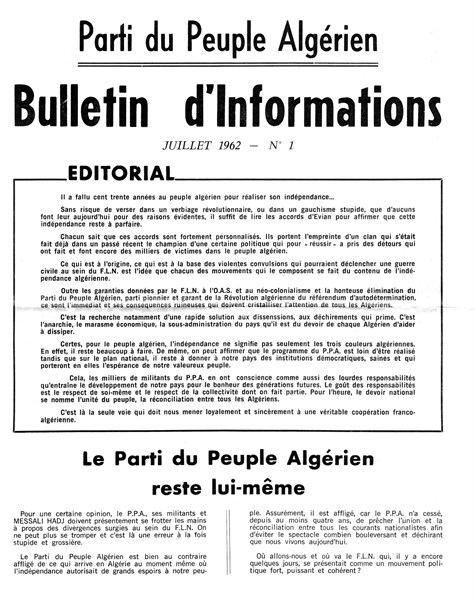Tract du Parti du peuple algérien (P.P.A.), recto