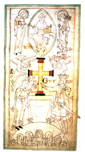 Le roi du Danemark Knut le Grand et la reine Emma offrent une croix d'autel au monastère de Winchester