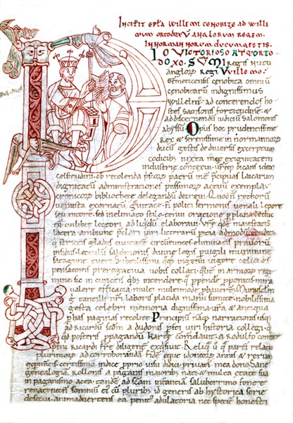 Guillaume de Jumièges, Cesta Normanorum. f° 116, letter with dropped initial, William the Conqueror receives the chronicler's manuscript