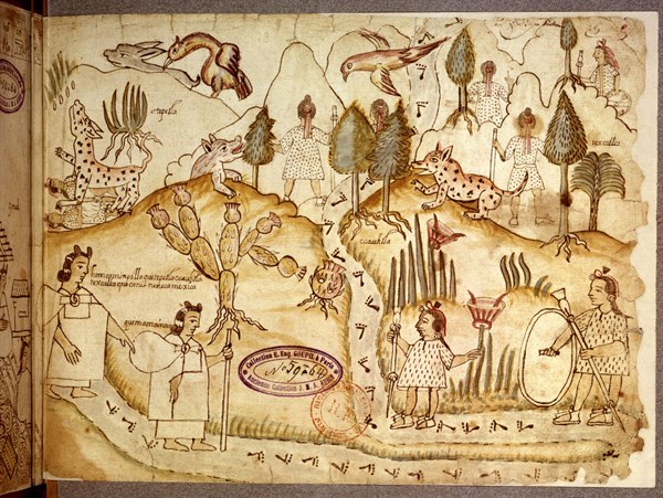 Azcatitlan codex. f° 5, The Aztecs crossing mountains