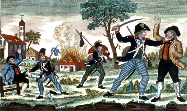 German coloured engraving, French soldiers striping German peasants of their possessions