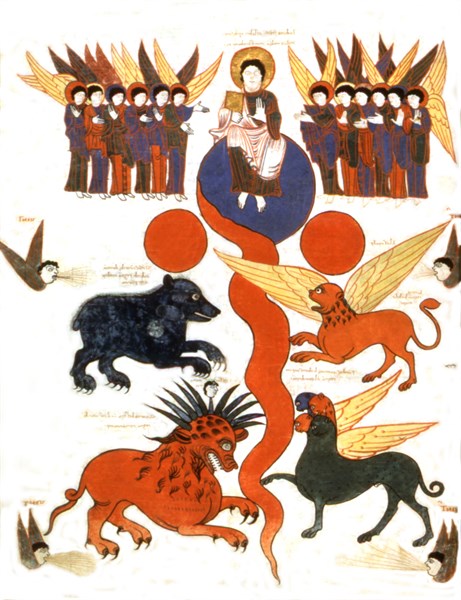Beatus de Liebana, Commentaire sur l'Apocalypse de Saint-Sever. f° 235 : Le Christ entouré d'anges annonce le Jugement dernier, Les quatre bêtes : la lionne, l'ours, le léopard à quatre têtes, la bête...