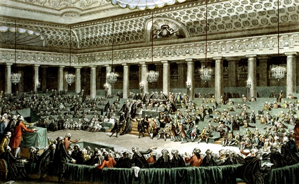 Gravé d'après un dessin de C. Monnet. Assemblée Nationale, à Versailles, séance de la nuit du 4 au 5 août 1789