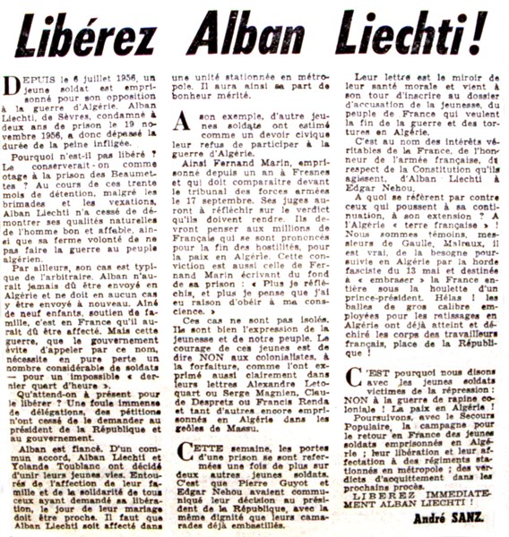Guerre d'Algérie. Extrait du journal "L'Humanité" consacré aux soldats insoumis.