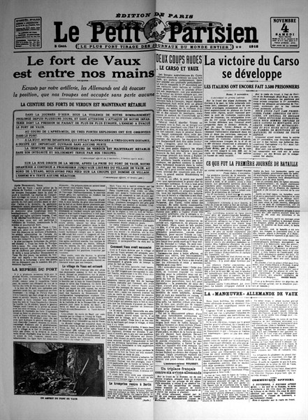 Une du journal "Le Petit Parisien". Reprise du fort de Vaux