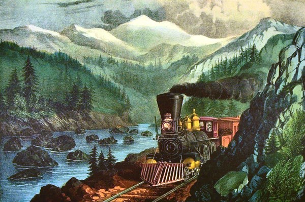 Lithographie de Currier and Ives, La route de la Californie près de la rivière Sierra Nevada