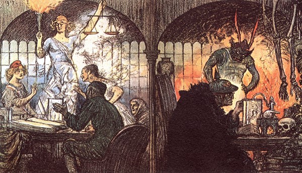 Caricature parue dans "La Baïonnette" : le génie du Bien et le génie du Mal, 1917