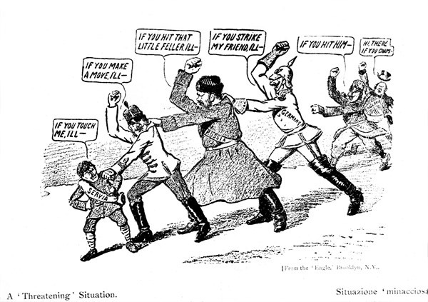 Threatening situation : Serbia (Yugoslavia), having captured a port on the Adriatic, is threatened by Austria, who sees the capture as a gain for Russia. Russia comes to the aid of Serbia and threaten...