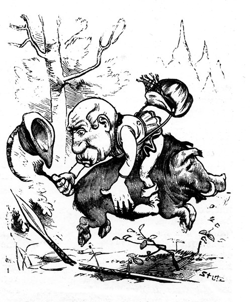 Caricature allemande, dans "Kladderadatsch", raillant la politique du 1er ministre italien Crispi. "L'italien en Afrique, Tu combats un sanglier, prends garde aux faux pas, Car chevaucher sur son dos,...