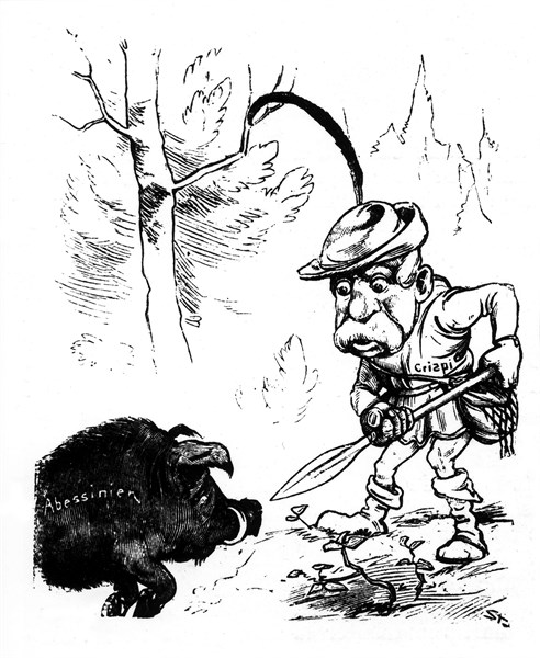Caricature allemande, dans "Kladderadatsch", raillant la politique du 1er ministre italien Crispi. "L'italien en Afrique, Tu combats un sanglier, prends garde aux faux pas, Car chevaucher sur son dos,...