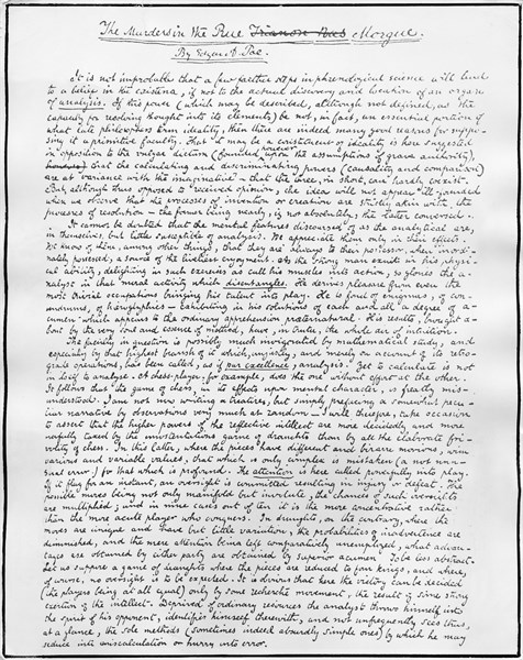 Fac-similé de la première page du manuscrit "Double assassinat dans la rue Morgue", par E. Allan Poe