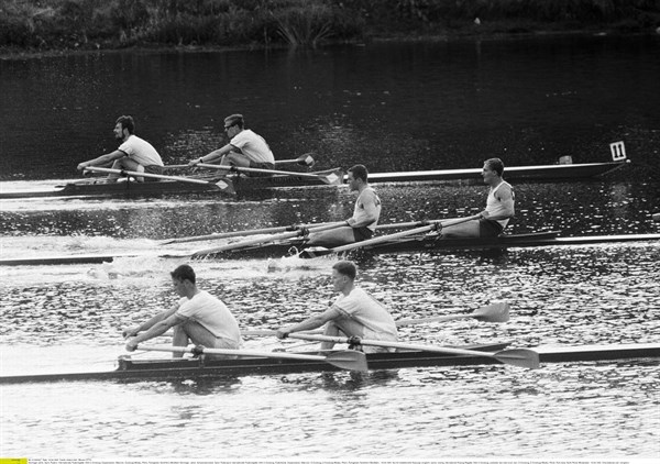 Sechziger Jahre, Sport, Rudern, Internationale Ruderregatta 1966 in Duisburg, Doppelzweier, Maenner, Duisburg-Wedau, Rhein, Ruhrgebiet, Nordrhein-Westfalen