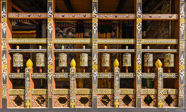 Prayer mills and mural painting in the monastery fortress