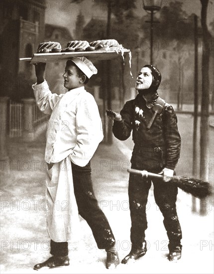 Baker with chimney sweep nibbling cake
