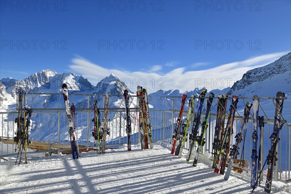 Ski parked in front of snowy mountain scenery