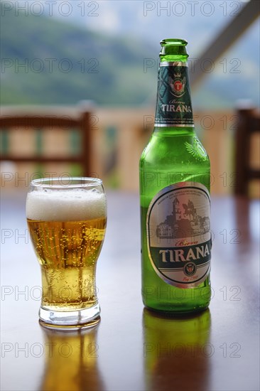 Tirana beer bottle and beer glass