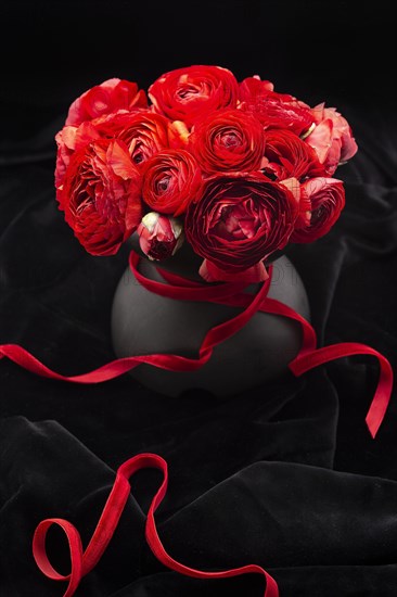 Black flower vase with red ranunculus and red ribbon on black velvet