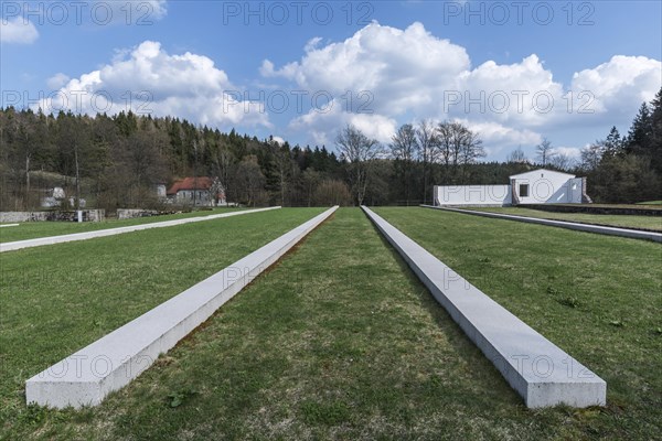 Marked foundations of the former prisoner barracks in the Flossenburg