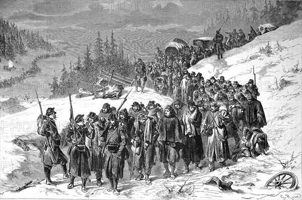 Escorting of French soldiers by Swiss military in the Neuchatel Jura on 3 February 1871