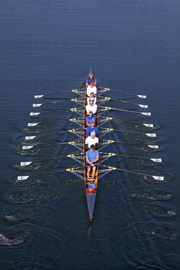 Rowers rowing in rowing boat