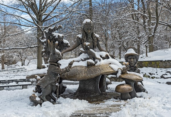 Alice in Wonderland Margaret Delacorte Memorial sculpture in Central Park in winter