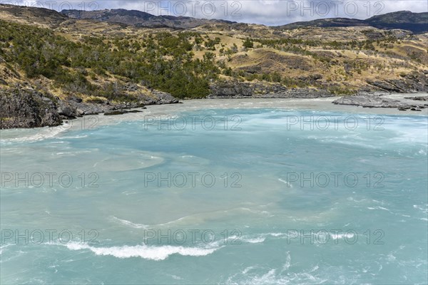 Confluence of turquoise Rio Baker and glacier gray Rio Nef