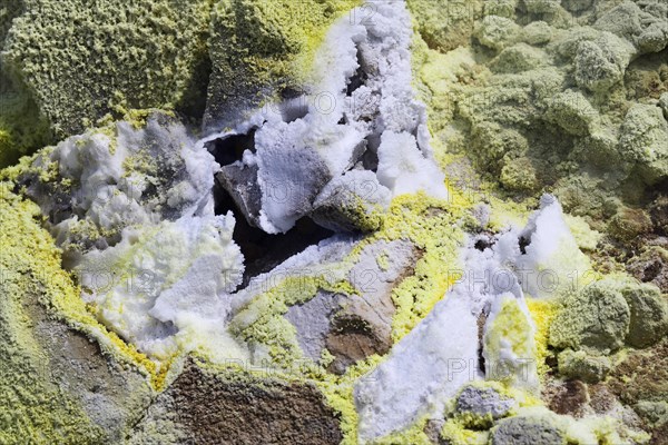 Sulfur fumaroles and chloride crusts on the crater rim