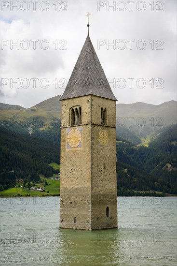 Church tower of Alt-Graun in the Reschensee reservoir