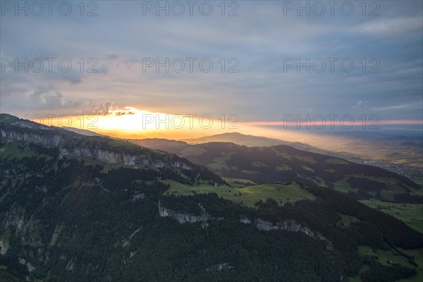 View of Ebenalp and Aescher from Alpsigel at sunset