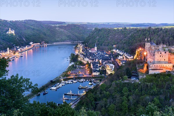 Rheinfels Castle illuminated at dusk