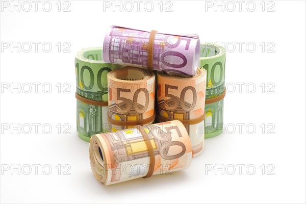 Different Euro banknotes in rolls