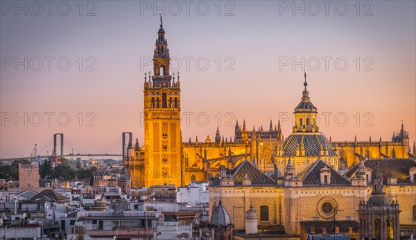 View of La Giralda and Iglesia del Salvador at sunset