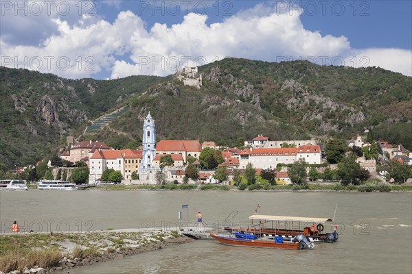 View over the Danube to Durnstein with collegiate church and castle ruin