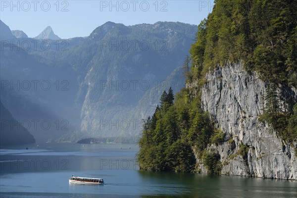 Excursion ship in front of Echowand on Lake Konigssee