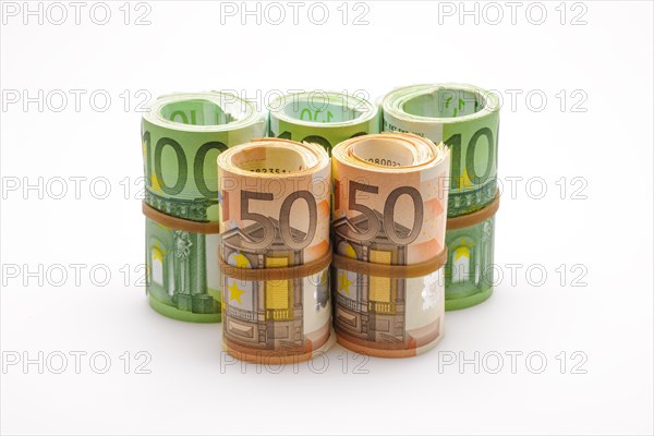 Different Euro banknotes in rolls