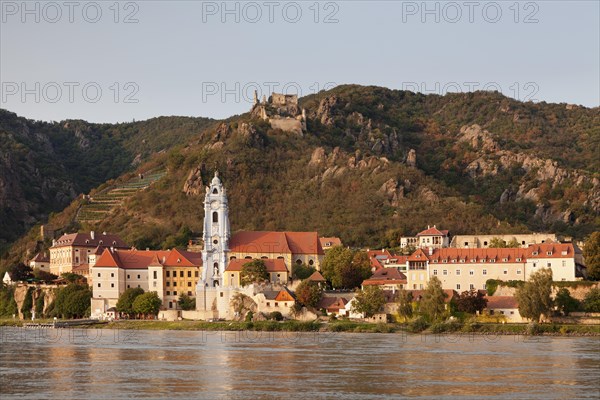 View over the Danube to Durnstein with collegiate church and castle ruin