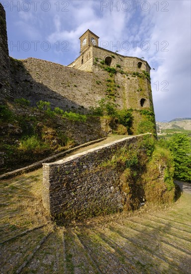 Clock tower on the castle and driveway to the castle