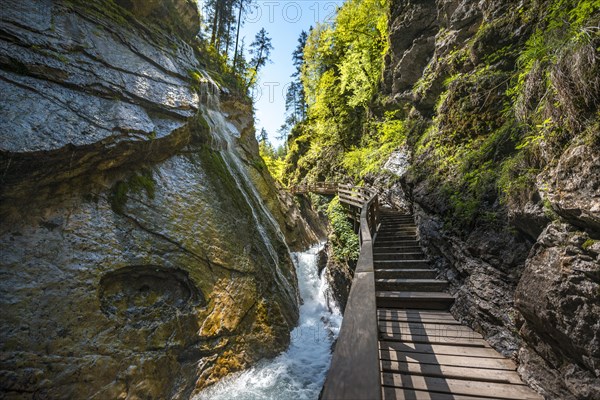Wodden boardwalk leads along the Wimbach river through the Wimbach Ravine