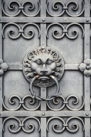 Iron gate with lion's head as door knocker