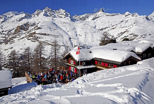 Mountain inn with sun terrace on the Riffelalp 2222m in winter