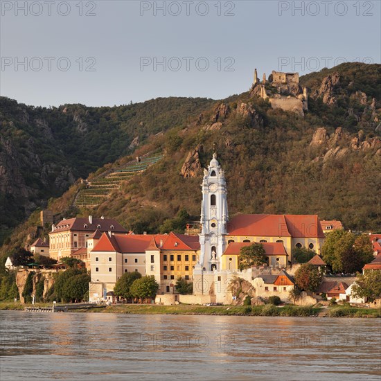 View over the Danube to Durnstein with collegiate church and castle ruin