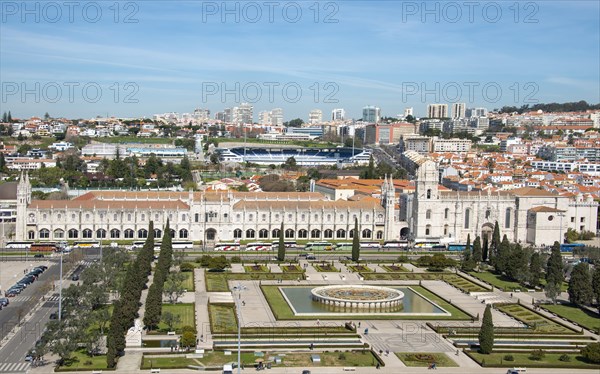 Jardim da Praca do Imperio with fountain and Mosteiro dos Jeronimos from above